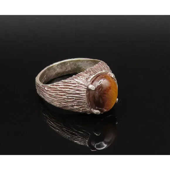 925 Silver Vintage Cabochon Tiger's Eye Branch Textured Ring Sz 10 RG25957